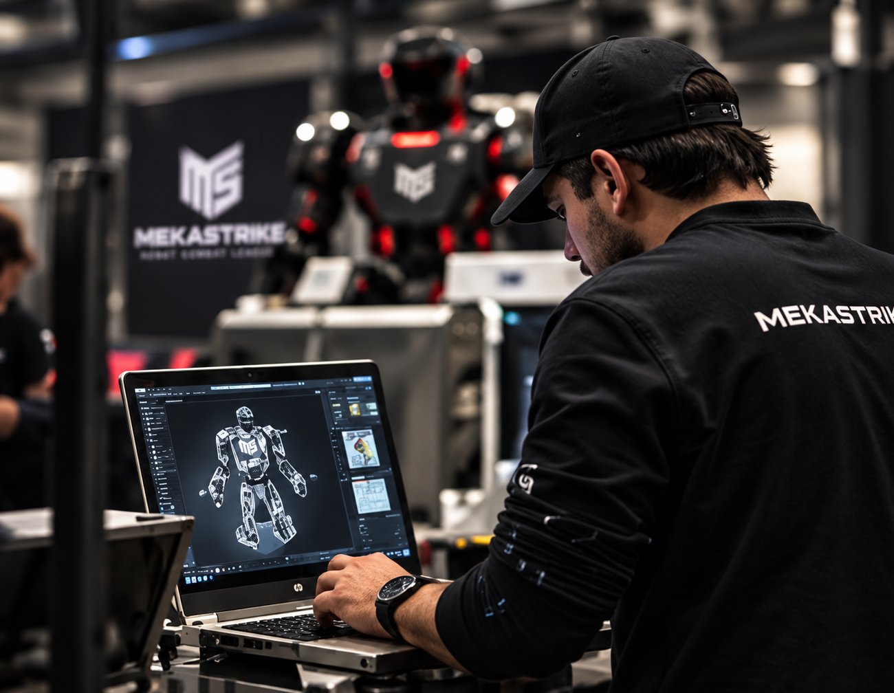 A MekaStrike engineer working through a Striker chassis assembly in CAD, with the machine itself on the bench behind