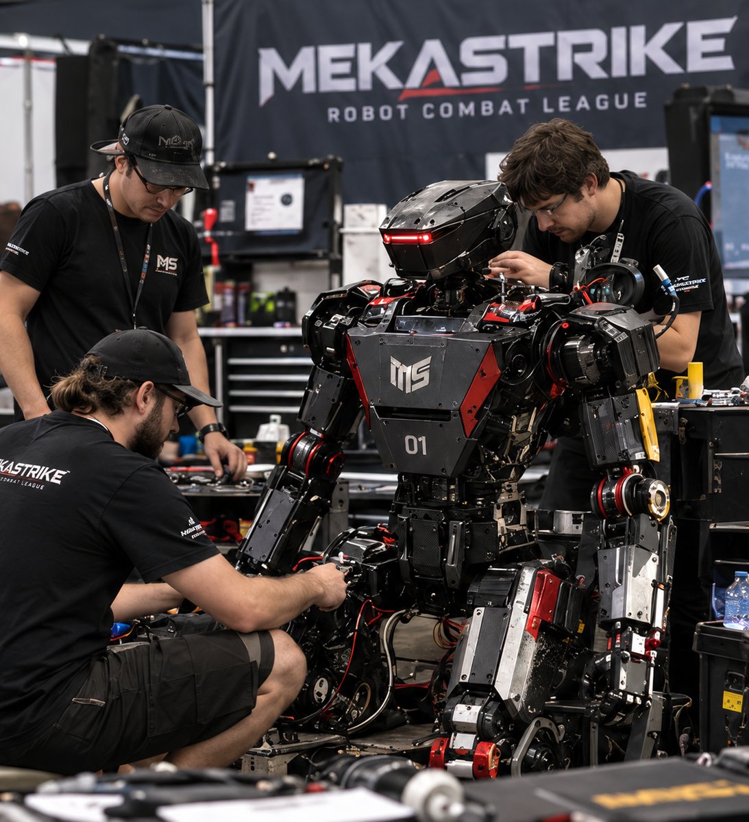 Three MekaStrike crew working on a Striker-class machine in the pits, panels off and tools out