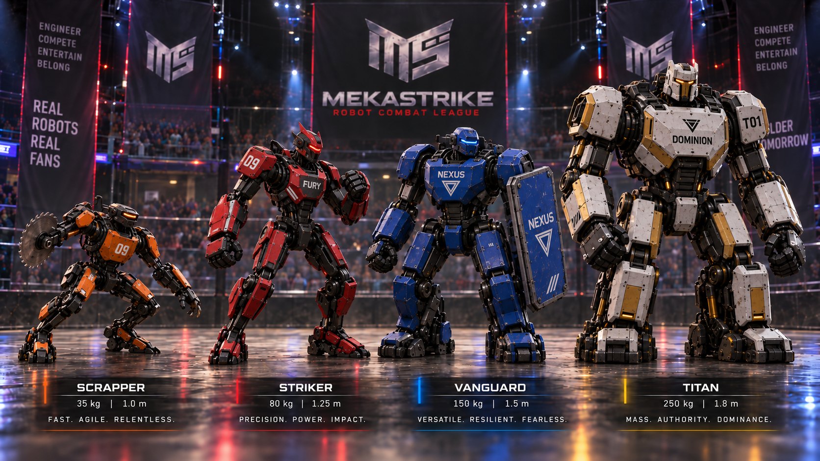 Four MekaStrike classes shown to scale side by side in the arena: Scrapper at 35 kg and 1.0 m, Striker at 80 kg and 1.25 m, Vanguard at 150 kg and 1.5 m, and Titan at 250 kg and 1.8 m