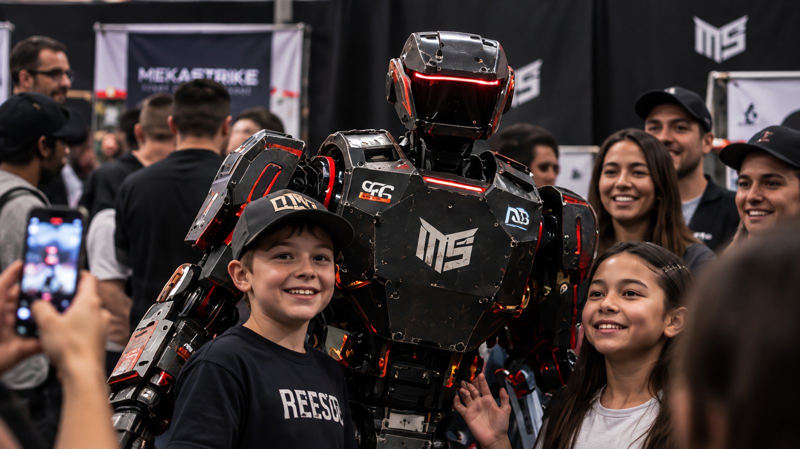 Two children posing for a photo with a MekaStrike machine while fans crowd around and film on a phone