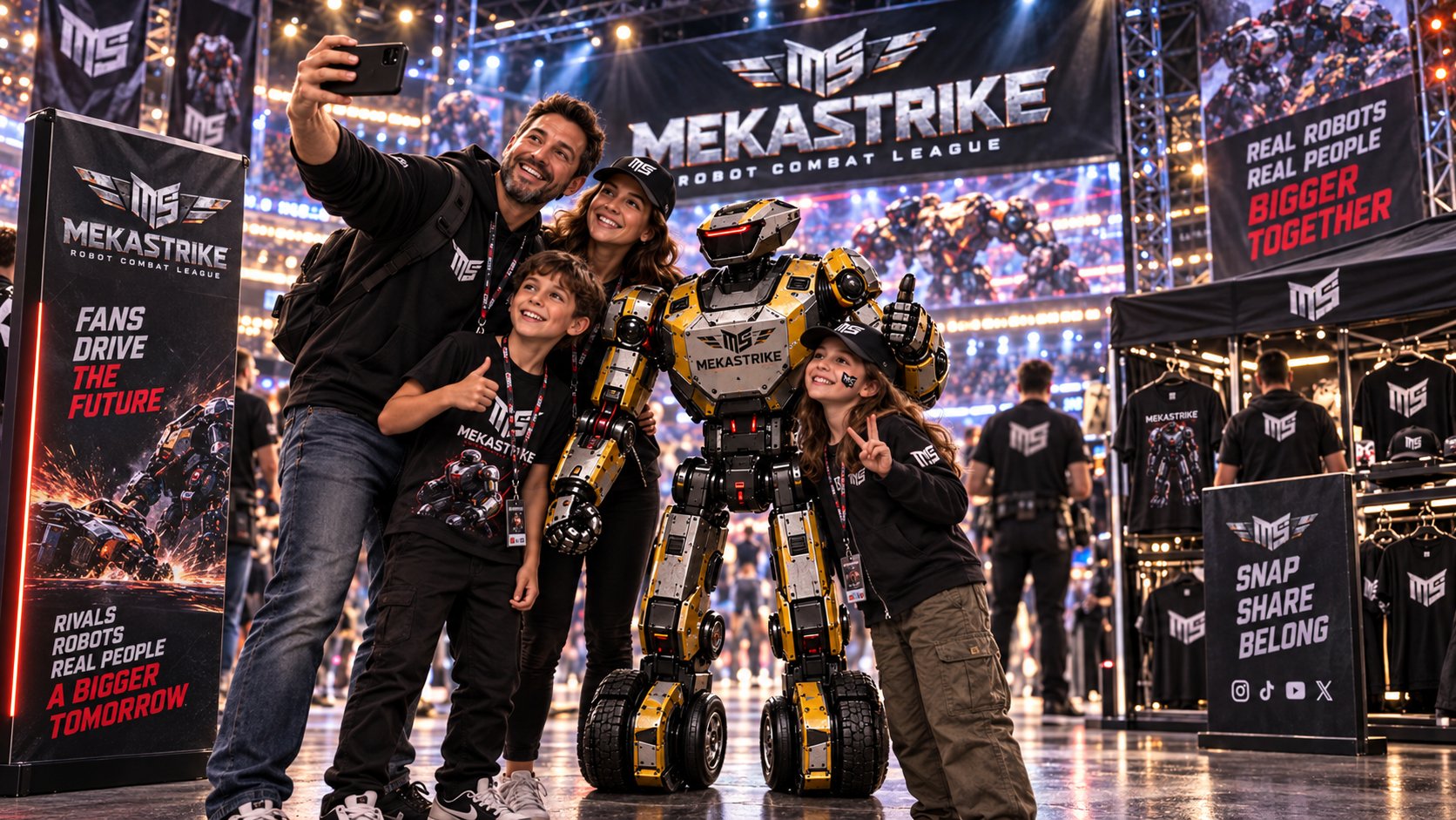 A family taking a selfie with a MekaStrike machine in the fan zone, branded signage and a merchandise stand behind them