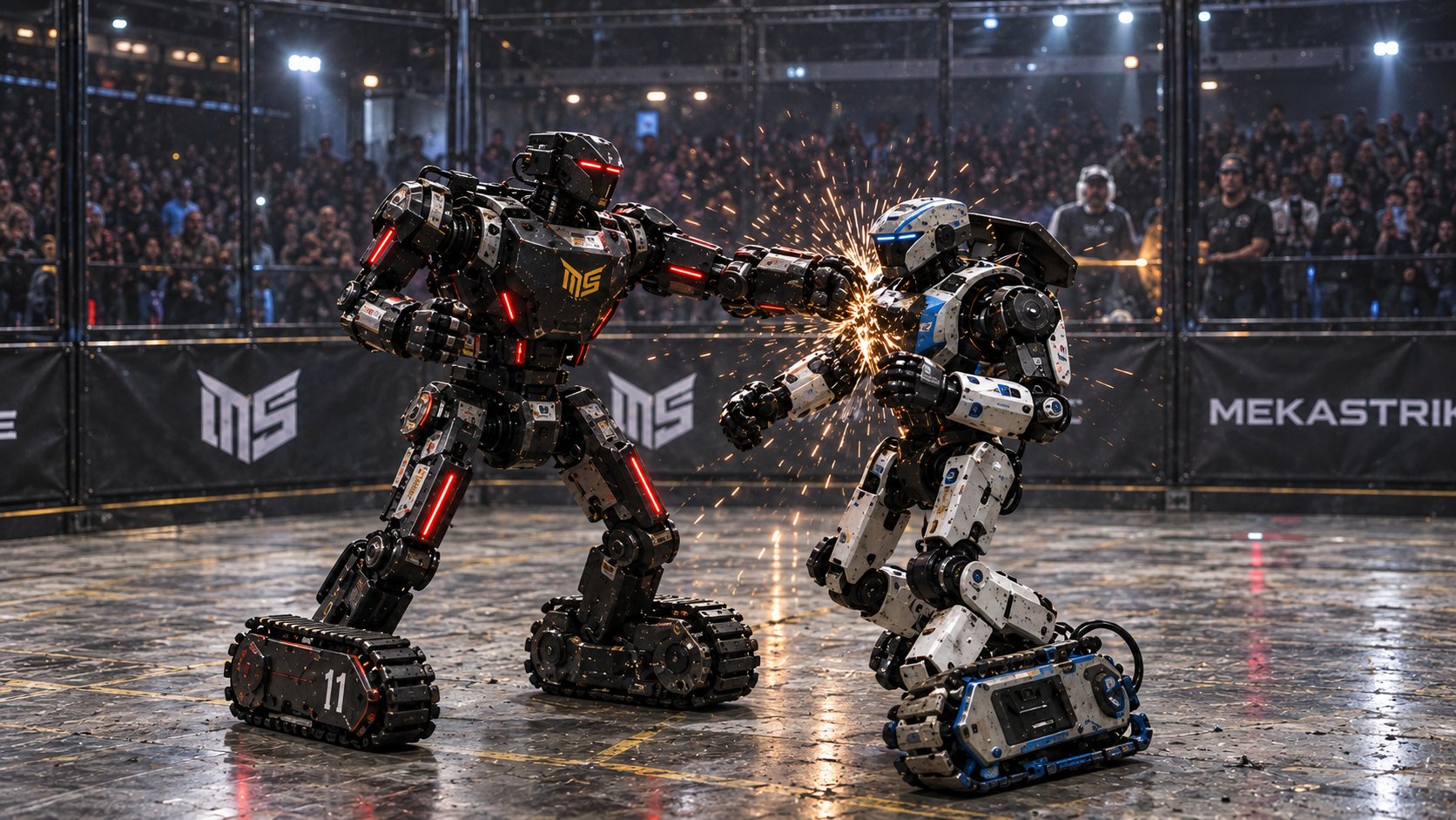 A Striker machine landing a punch on its opponent inside the cage, sparks bursting from the impact, crowd packed behind the wall