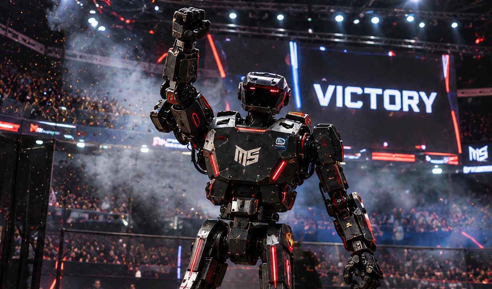 A battle-damaged Striker machine standing with one fist raised as VICTORY shows on the arena screen and confetti falls