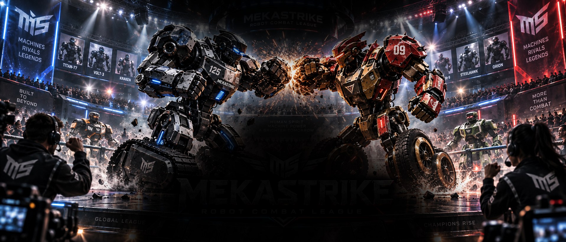 Two humanoid combat robots fist-to-fist in the MekaStrike arena, sparks flying, crowd behind