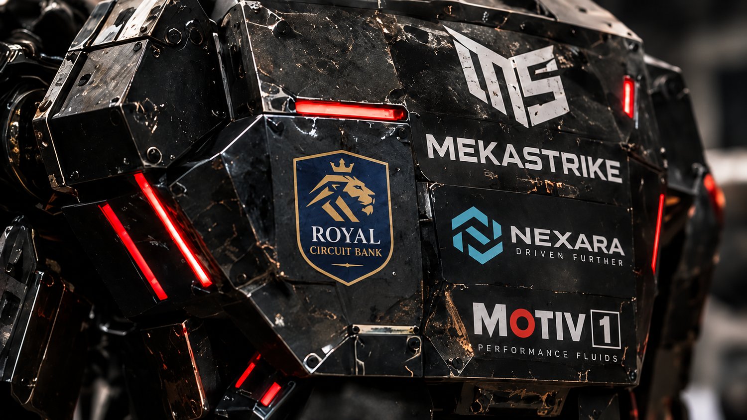 Close-up of a battle-scarred armour panel carrying the MekaStrike mark alongside three partner logos