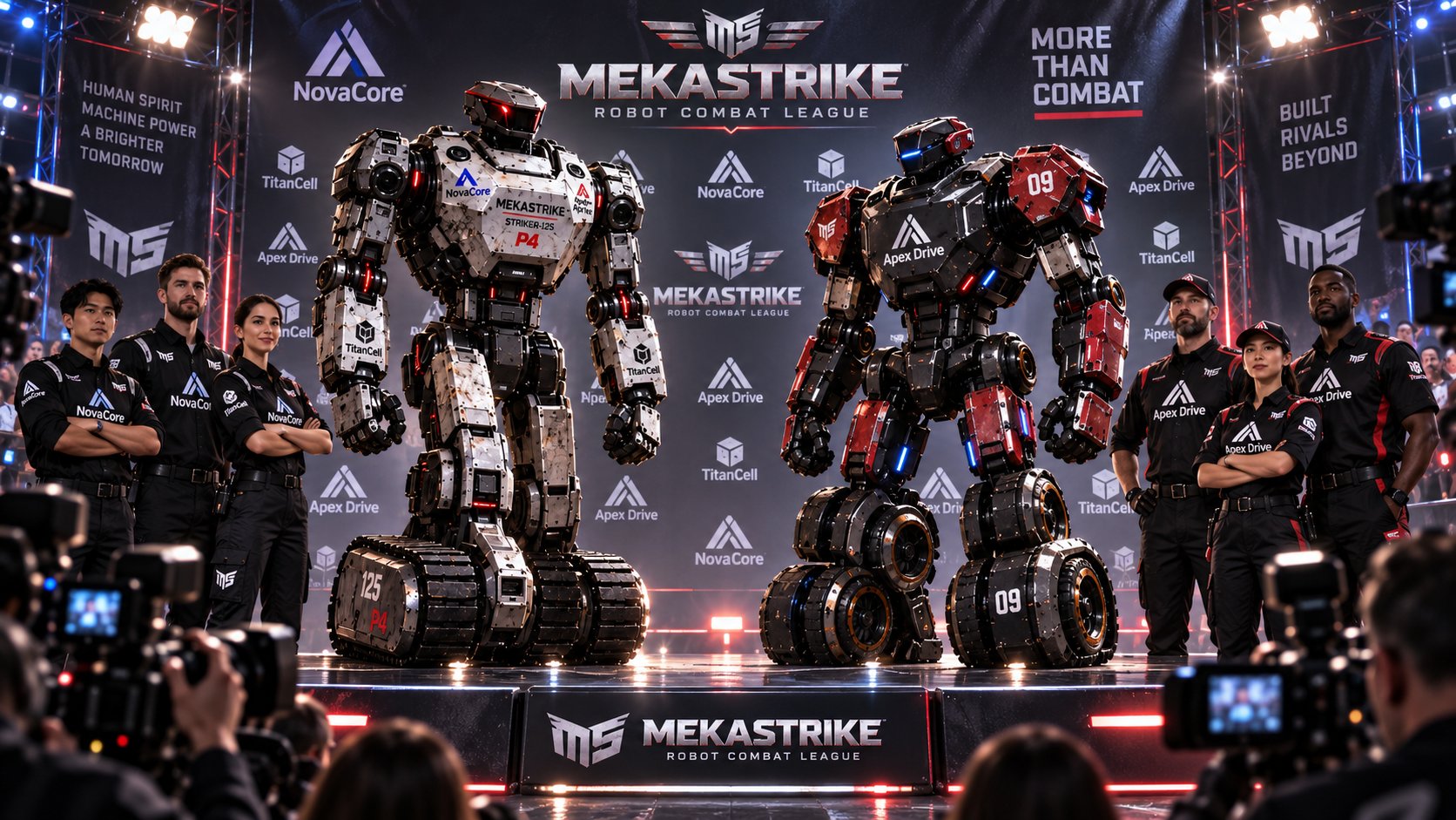 Two Striker machines and their crews on a MekaStrike press wall, partner logos across the backdrop, the machines and the team kit, photographers shooting from the front